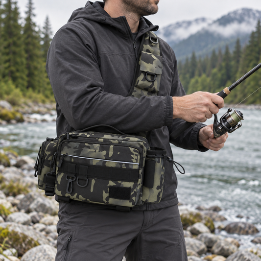 Angler wearing a camouflage Shoreline shoulder bag while fishing a river