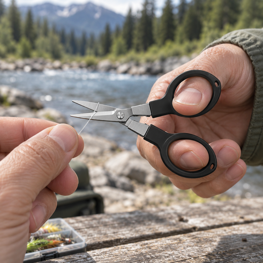 Hands trimming fishing line with black folding scissors beside a river