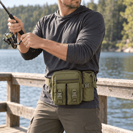 Angler wearing a green Bankside waist pack while fishing from a pier