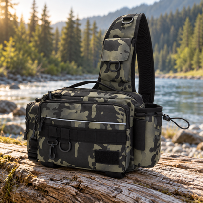 Camouflage Shoreline shoulder bag on a log beside the water