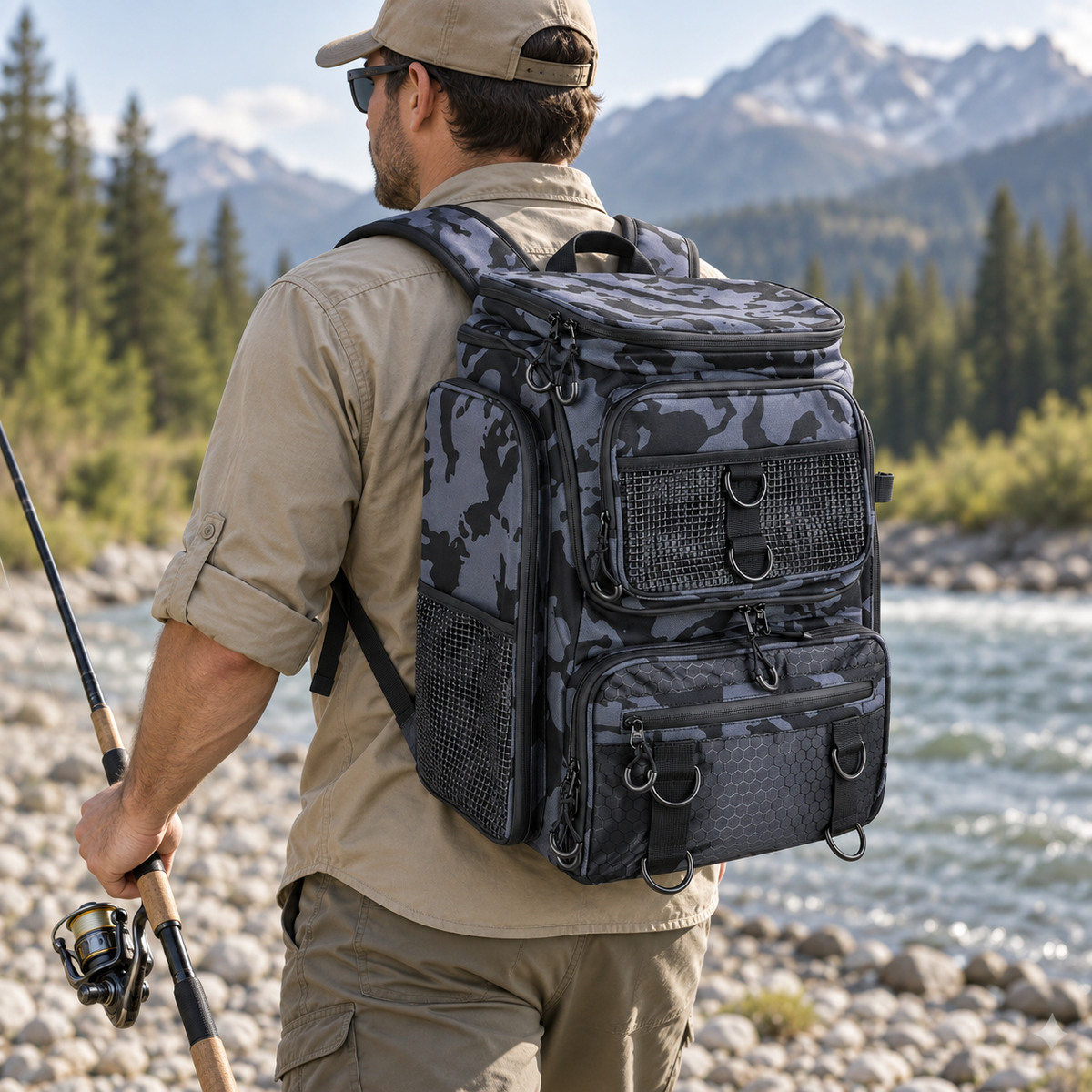 Angler carrying the blue camouflage fishing backpack along a river