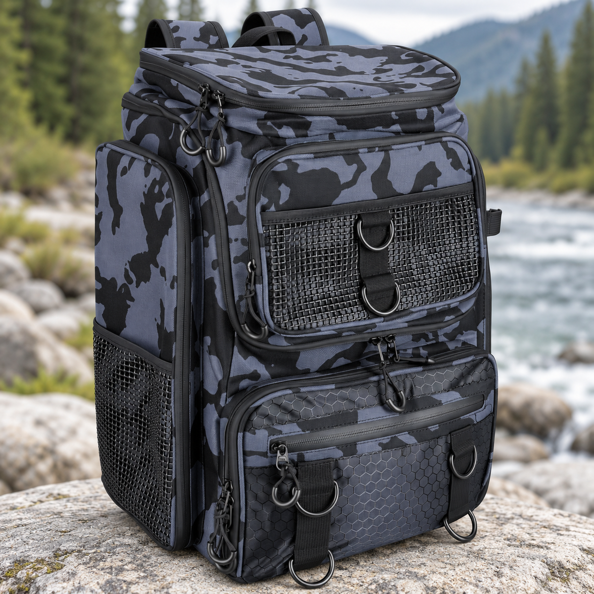 Blue camouflage 42L fishing backpack beside a river