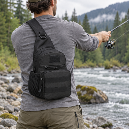 Angler wearing a black Trekker sling bag while fishing from a riverbank