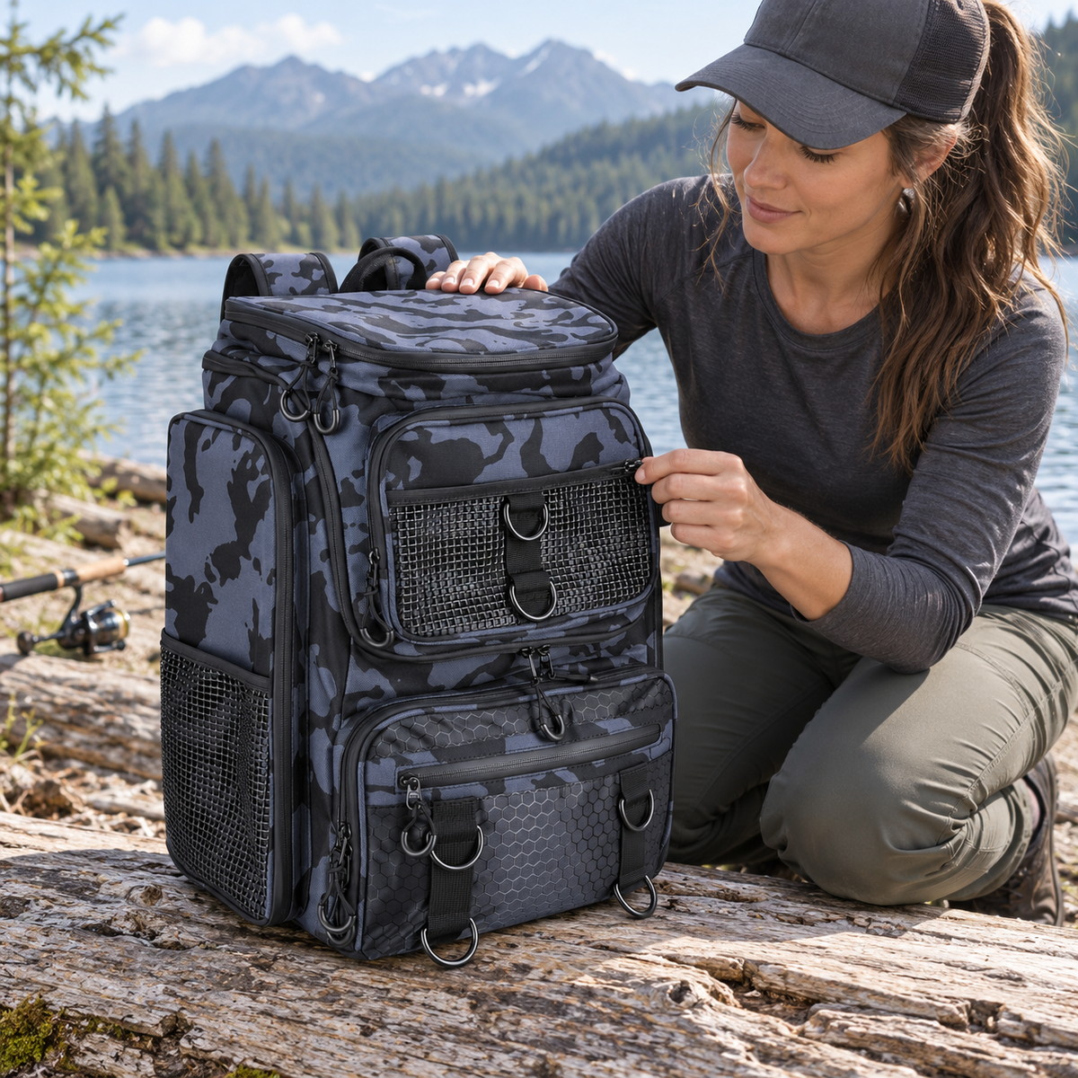Angler opening a pocket on the 42L fishing backpack