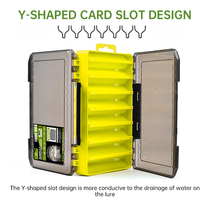 Double-sided lure box open to show fixed storage channels