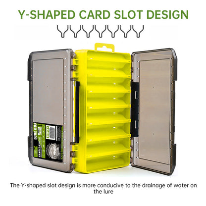 Double-sided lure box open to show fixed storage channels