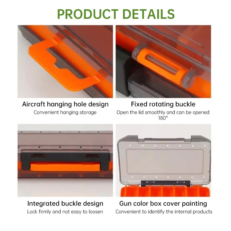 Lure box details showing hanging tab, latches, and translucent lid