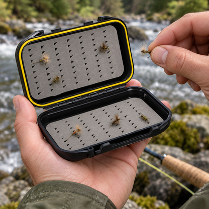 Hands selecting a fly from an open black slit-foam fly box