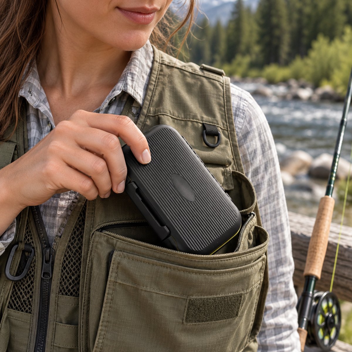 Angler placing the closed black fly box in a vest pocket