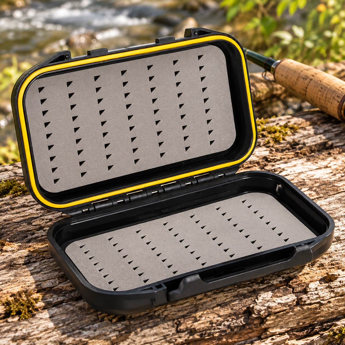 Open double-sided fly box on a log beside a river