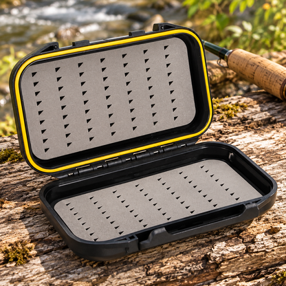 Open double-sided fly box on a log beside a river