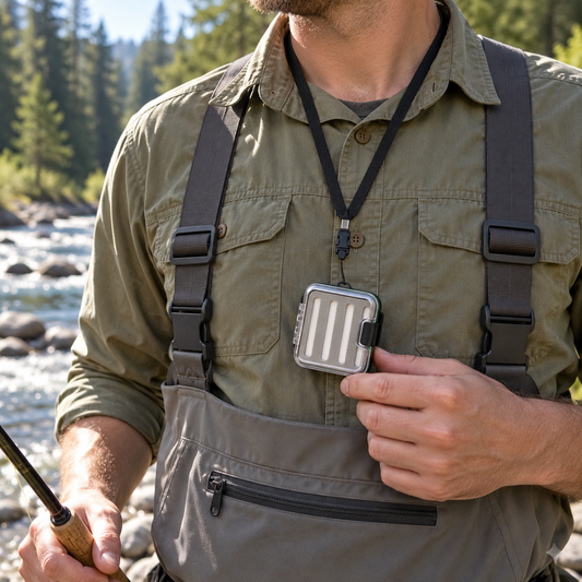 Angler wearing the pocket fly box on its neck lanyard