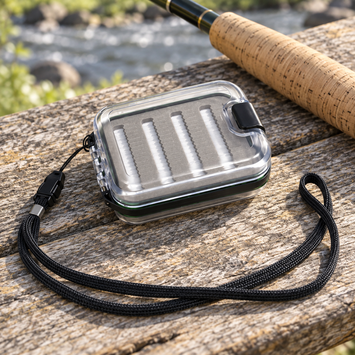 Pocket fly box and lanyard beside a fishing rod on a rock