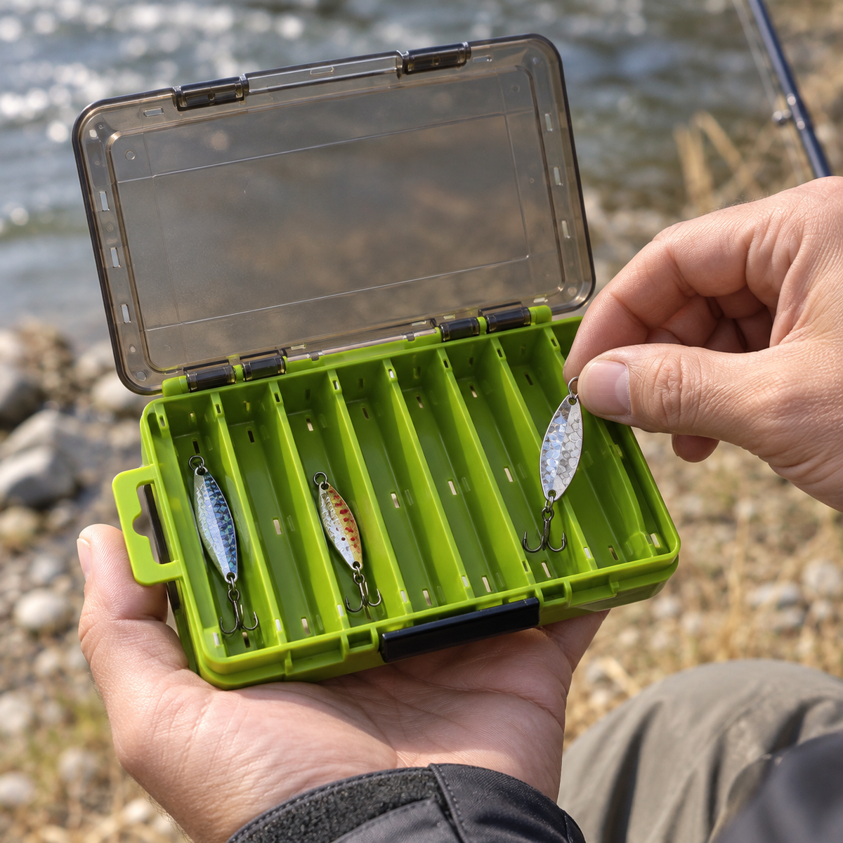 Hands selecting a lure from an open green divided lure box