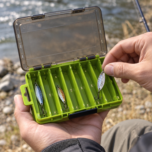Hands selecting a lure from an open green divided lure box