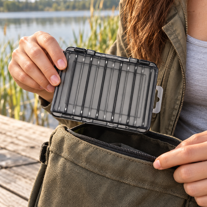 Angler placing a dark lure box inside a fishing bag