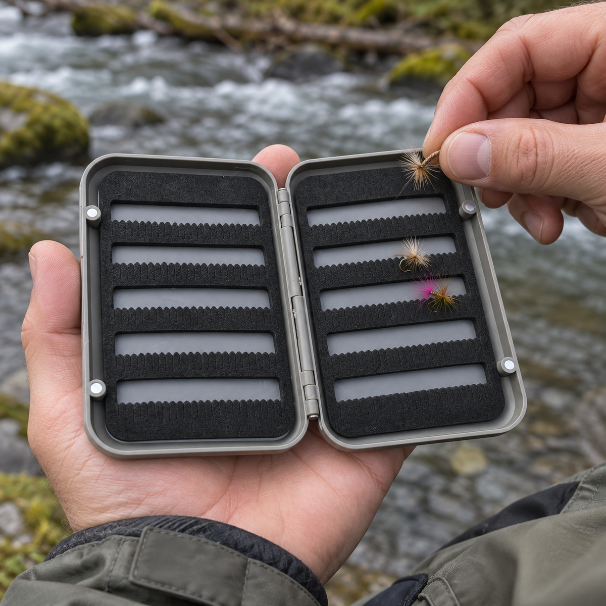Hands selecting a fly from the foam-lined box beside a river