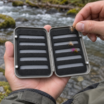 Hands selecting a fly from the foam-lined box beside a river