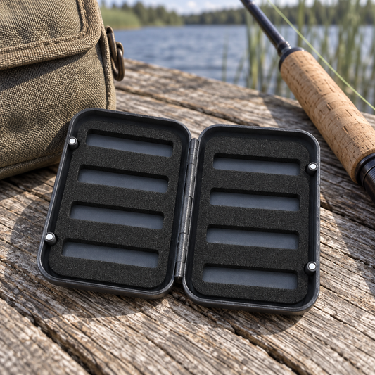Open foam-lined fly box on a dock beside fishing gear