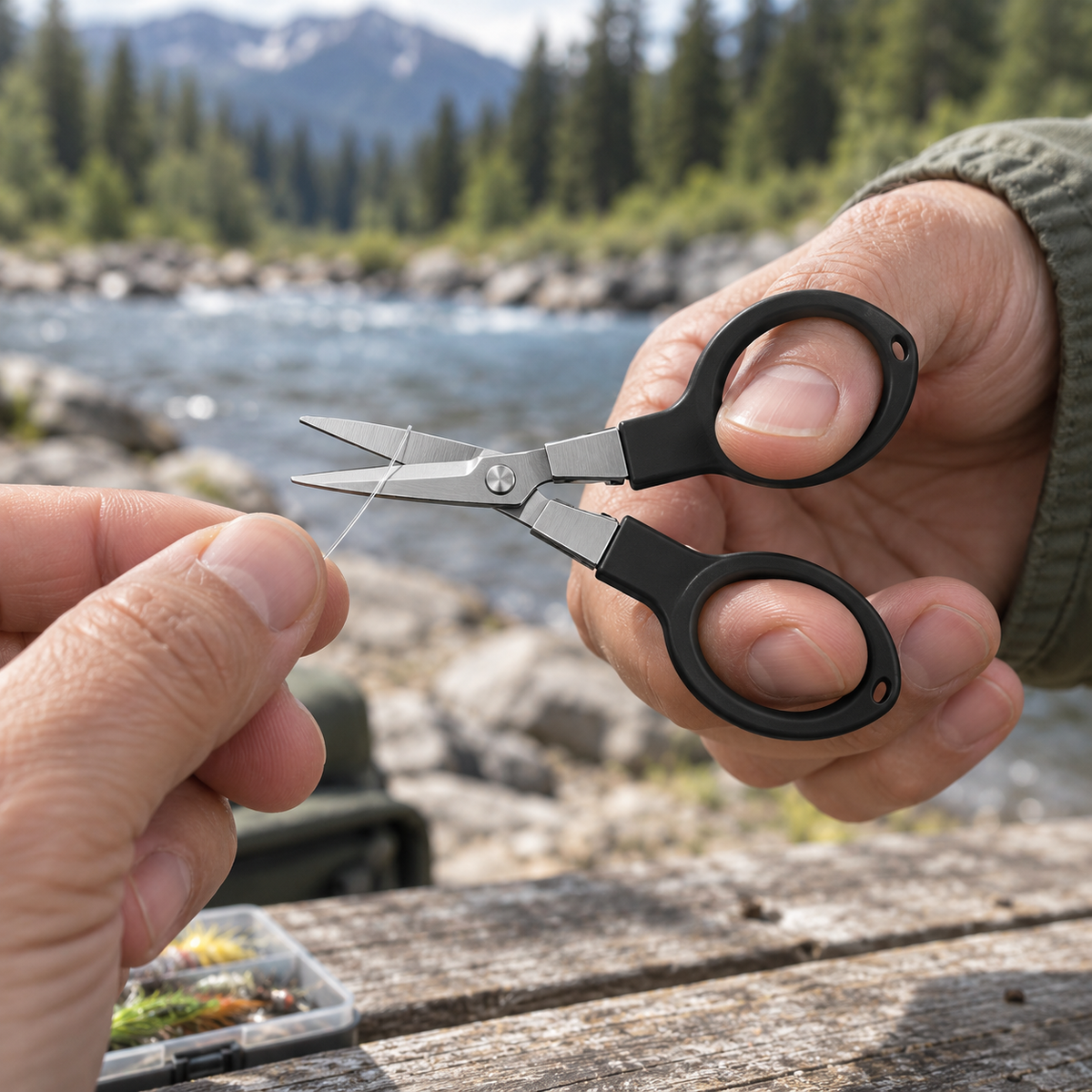 Hands trimming fishing line with black folding scissors beside a river