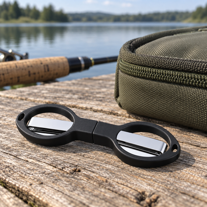 Closed black folding fishing scissors on a dock