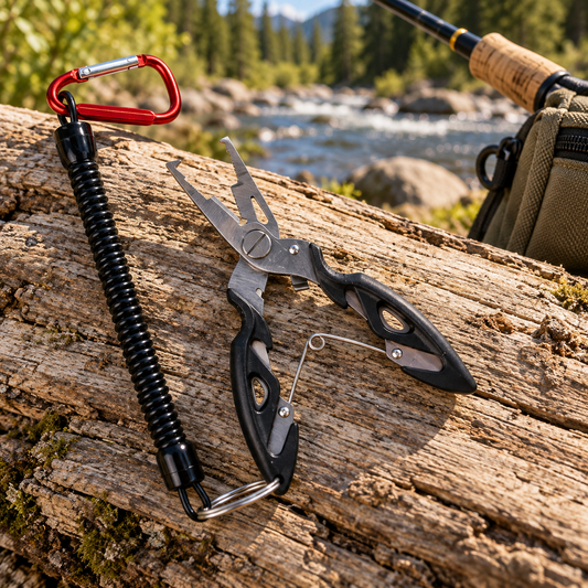 Fishing pliers with coiled tether displayed on a riverside log