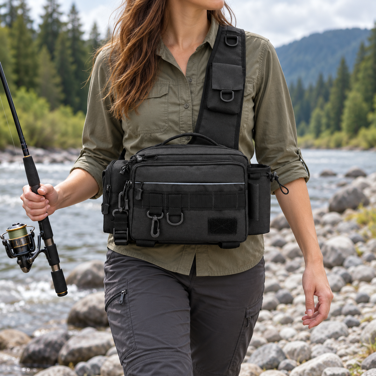 Angler wearing a black Shoreline fishing shoulder bag beside a river