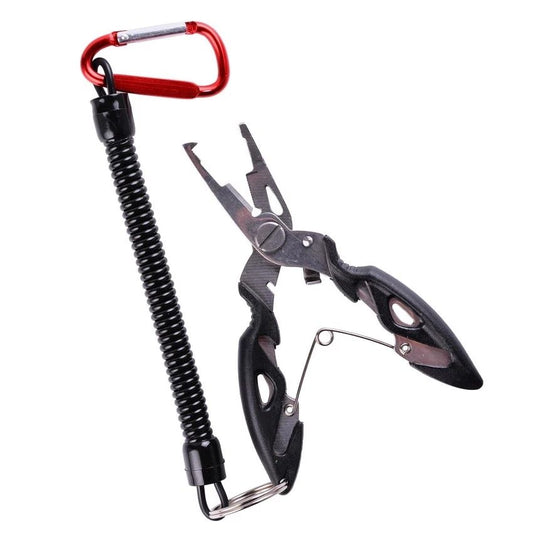 Black-handled fishing pliers pictured with coiled tether and red clip