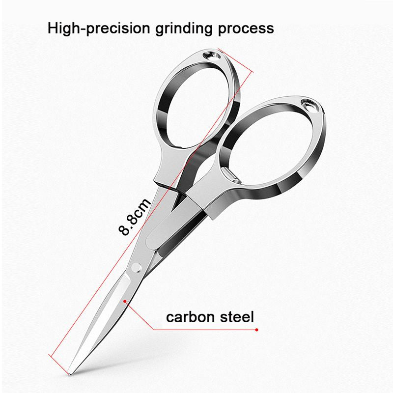 Silver fishing scissors with unfolded length diagram