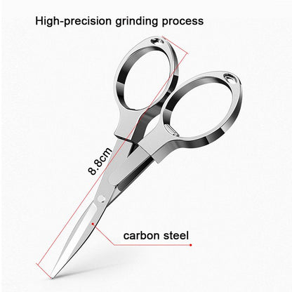 Silver fishing scissors with unfolded length diagram