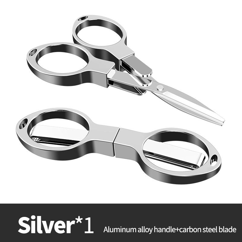 Silver folding scissors shown open and folded