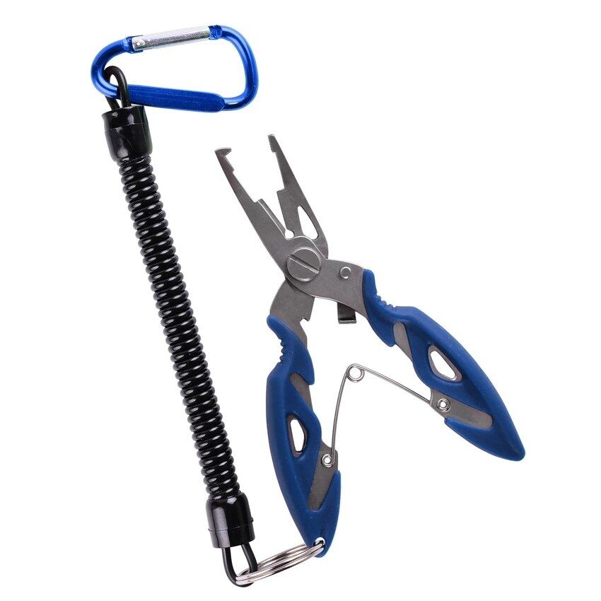 Blue-handled fishing pliers pictured with a coiled tether