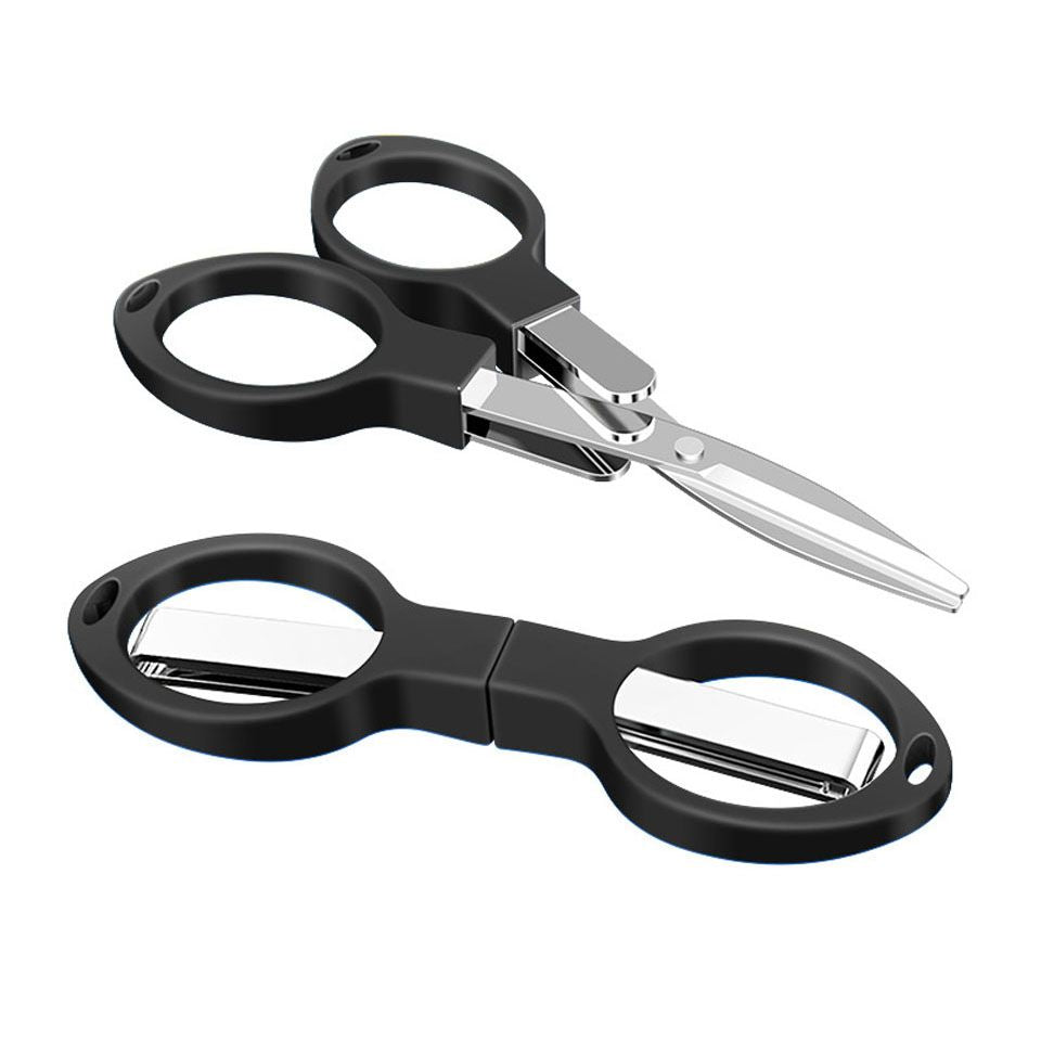 Black folding scissors with blades open and folded into the handles