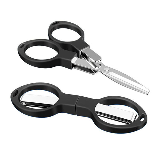 Black folding scissors with blades open and folded into the handles