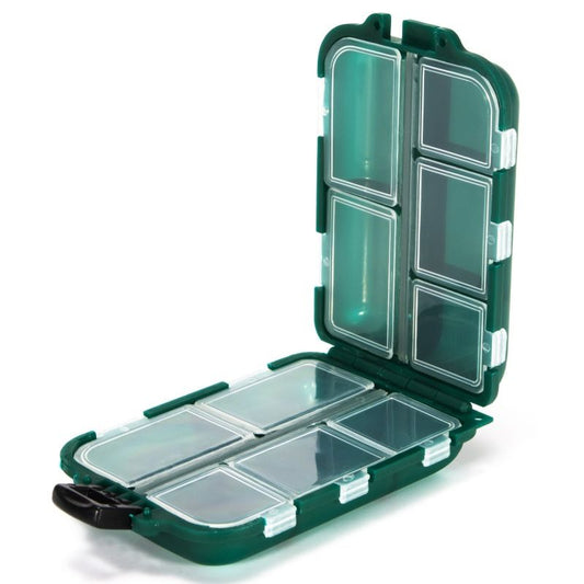 Green pocket tackle box open to show ten individually covered compartments
