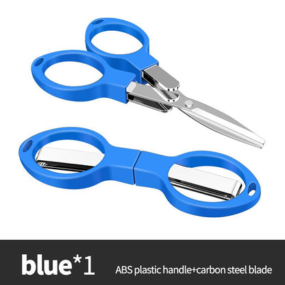 Blue folding scissors shown open and folded