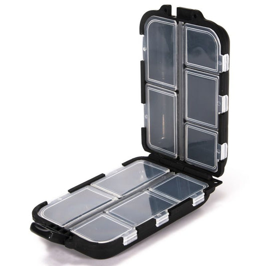 Black pocket tackle box open with translucent compartment lids