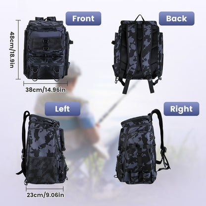 Fishing backpack front, back, and side views with exterior measurements