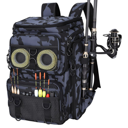 Front view of the backpack with fishing accessories shown as props