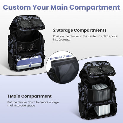 Adjustable divider shown splitting the backpack's main compartment