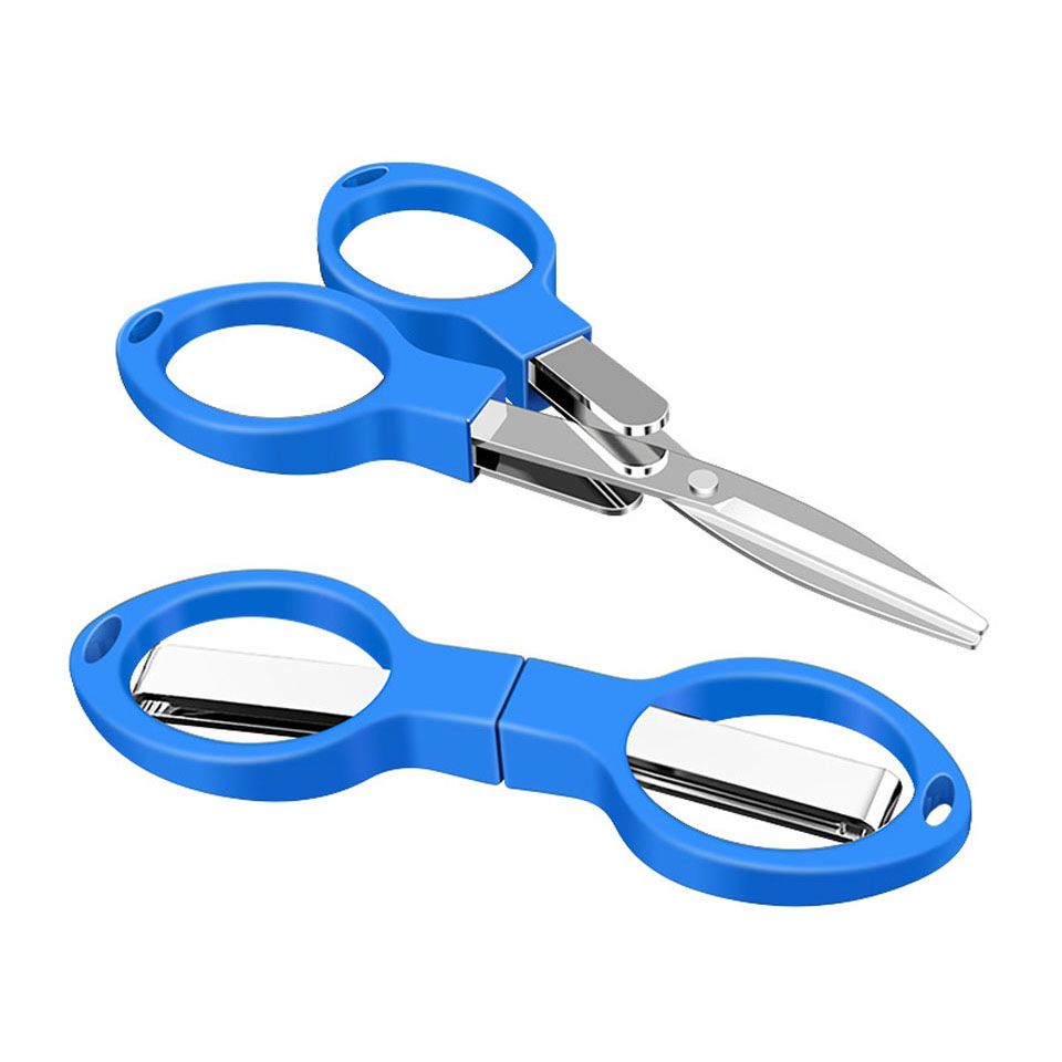 Blue folding scissors with blades open and folded into the handles