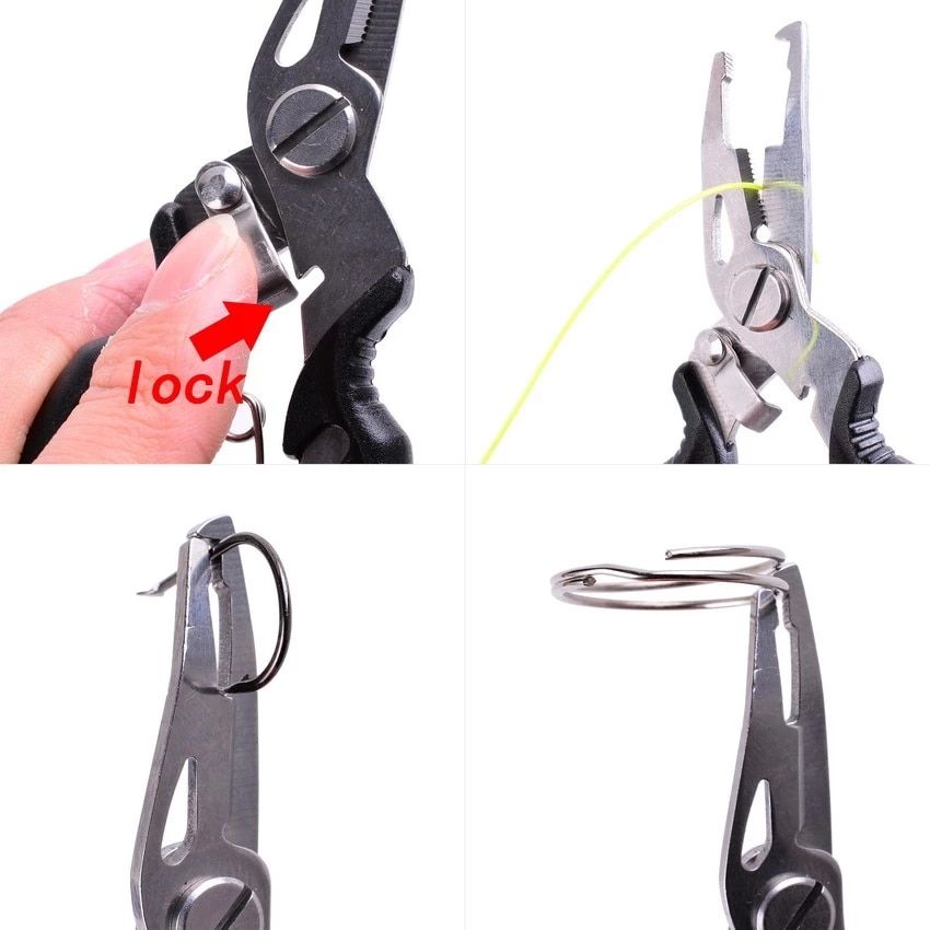 Fishing pliers close-ups showing latch, jaws, and line-cutting section