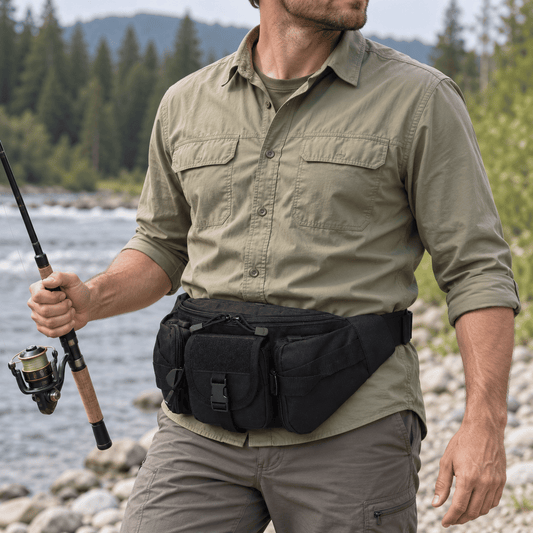Angler wearing a black Bank Angler waist pack beside a river