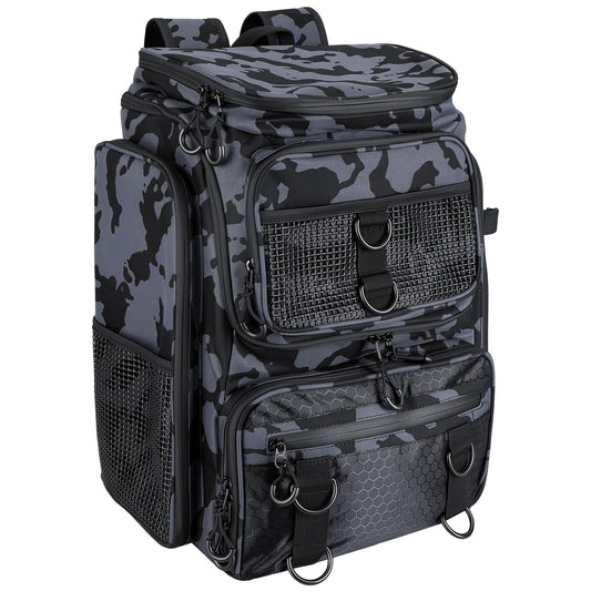 Blue camouflage 42L fishing backpack, bag-only front view