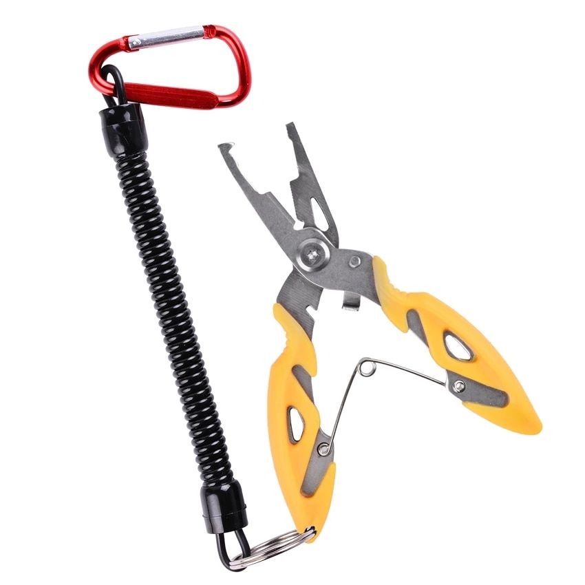 Yellow-handled fishing pliers pictured with a coiled tether