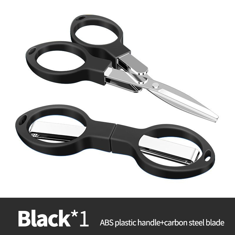Black folding scissors shown open and folded