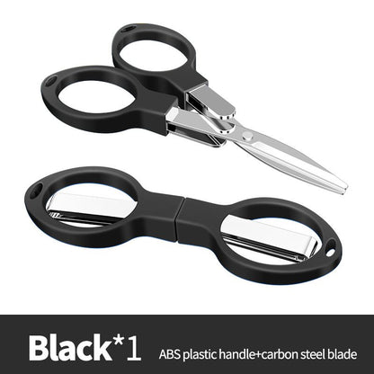Black folding scissors shown open and folded