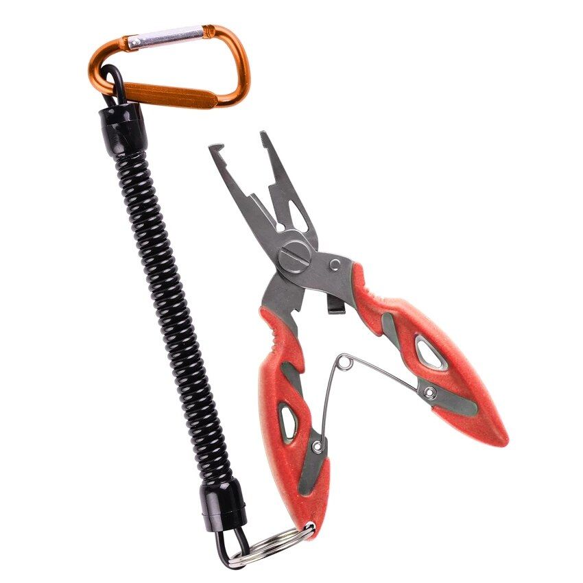 Red-handled fishing pliers pictured with a coiled tether and orange clip