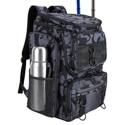 Side view of the backpack with a bottle and rod shown as props