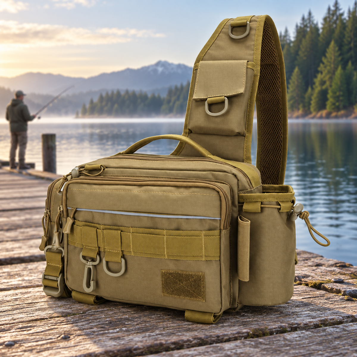 Brown Shoreline fishing shoulder bag on a lakeside dock